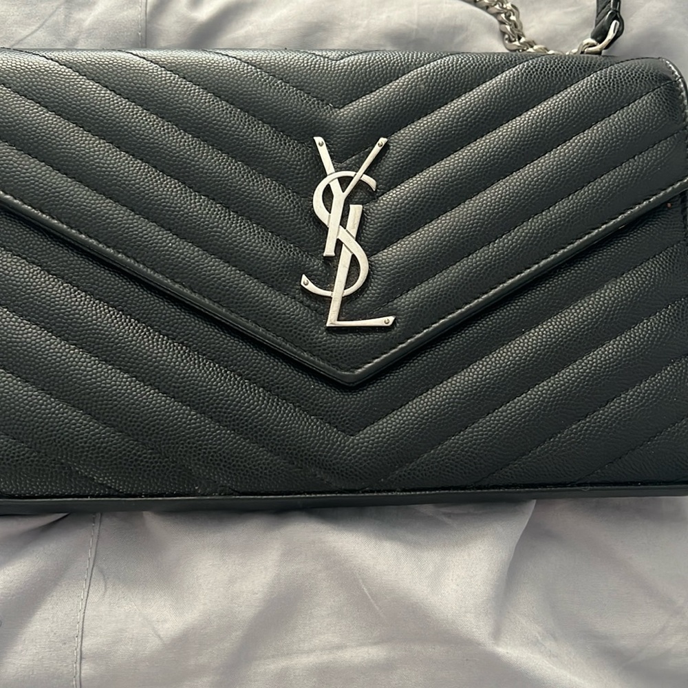 YSL Monogram Large Wallet on Chain in Grained Leather Saint Laurent black silver